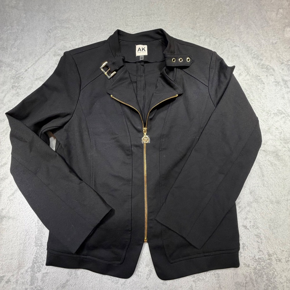 Anne Klein Black Moto Jacket Gold Hardware Classic Size Large Edgy Layering chic